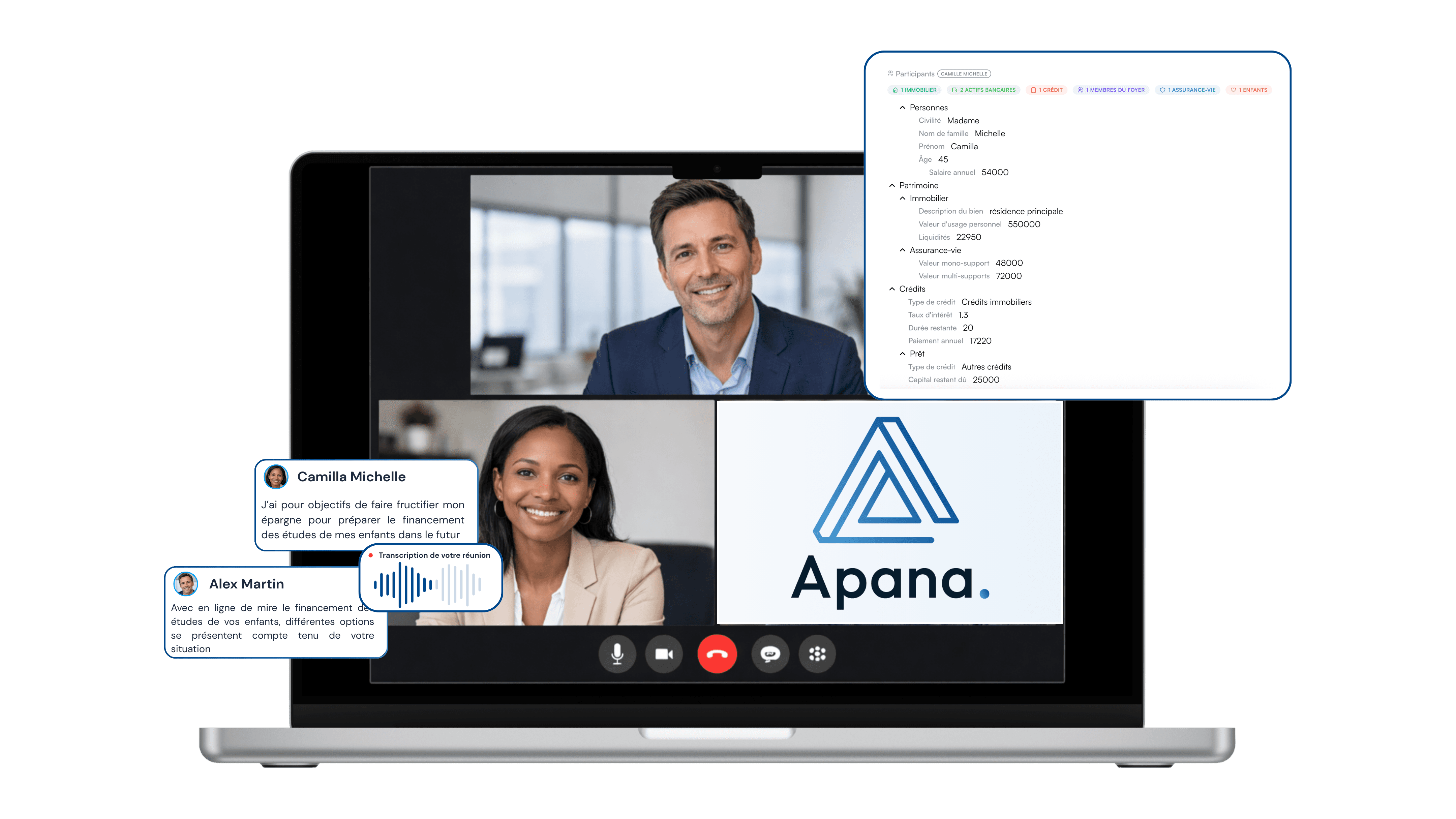 Interface de l’assistant d’intelligence artificielle Apana pour conseillers en gestion de patrimoine