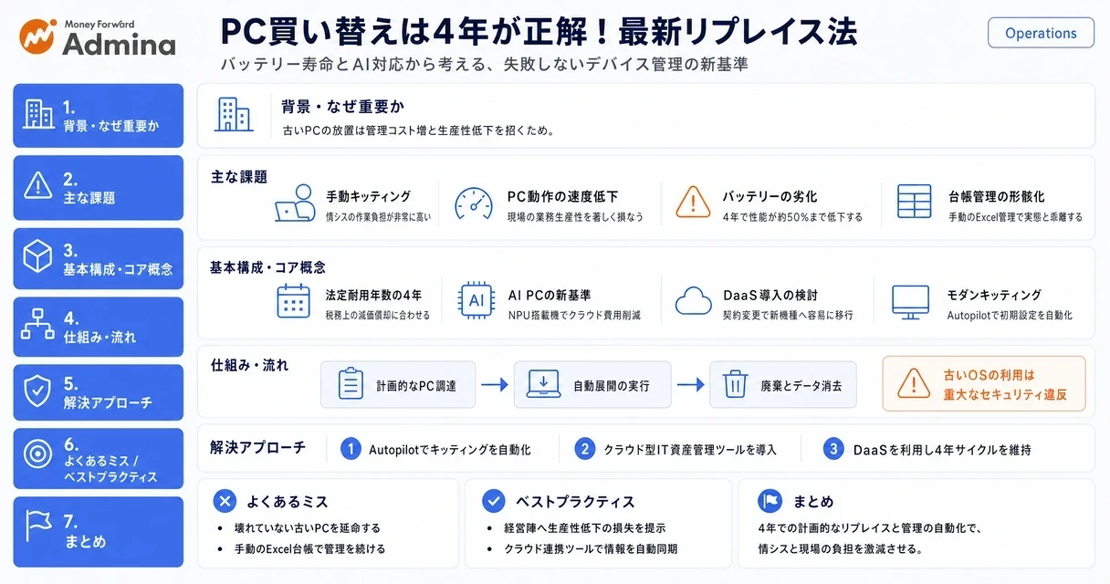 PCのリプレイス周期が4年である理由を、財務上の耐用年数や物理的寿命、OS移行への対応といった観点から解説するブログ記事のキービジュアル用グラフィック。