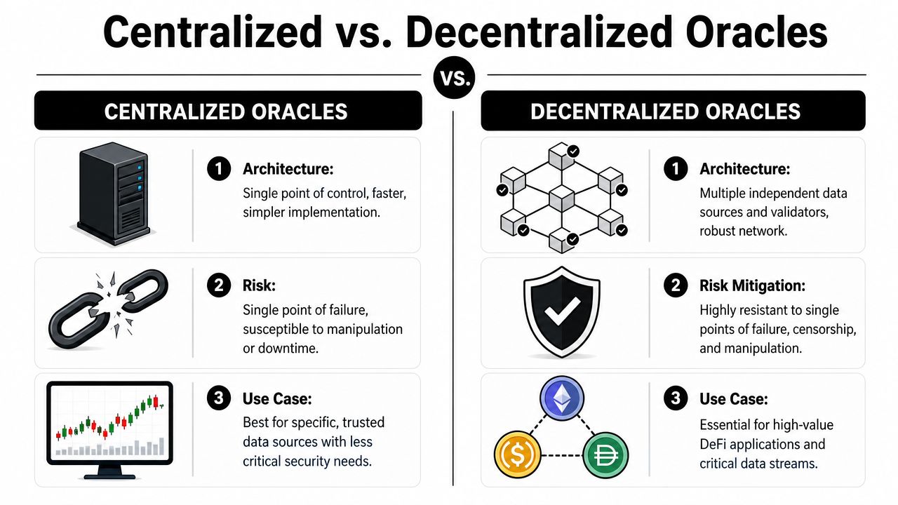 A comparison infographic showing the key differences between centralized and decentralized oracles in blockchain systems.