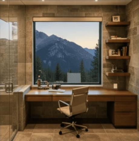 desk with view of Modern house in the mountains
