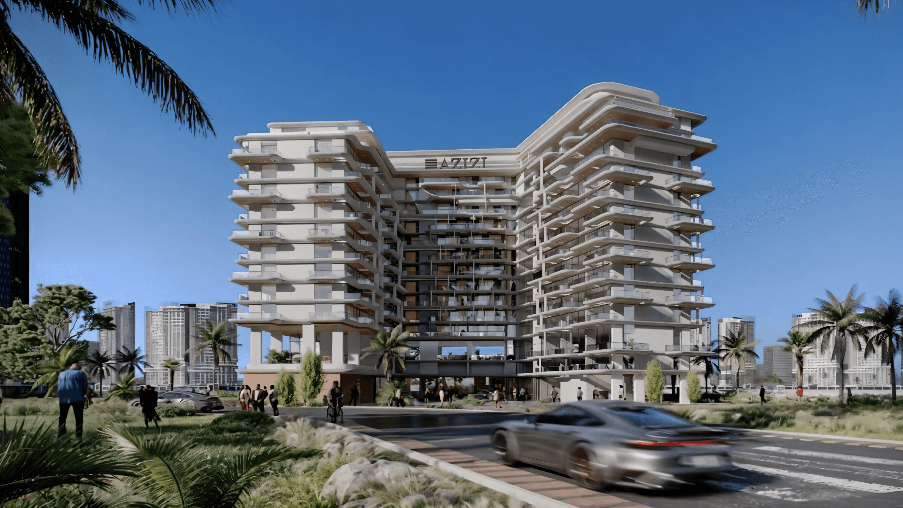 New residential tower Azizi Leily in Dubai, showcasing modern architecture against a clear blue sky.