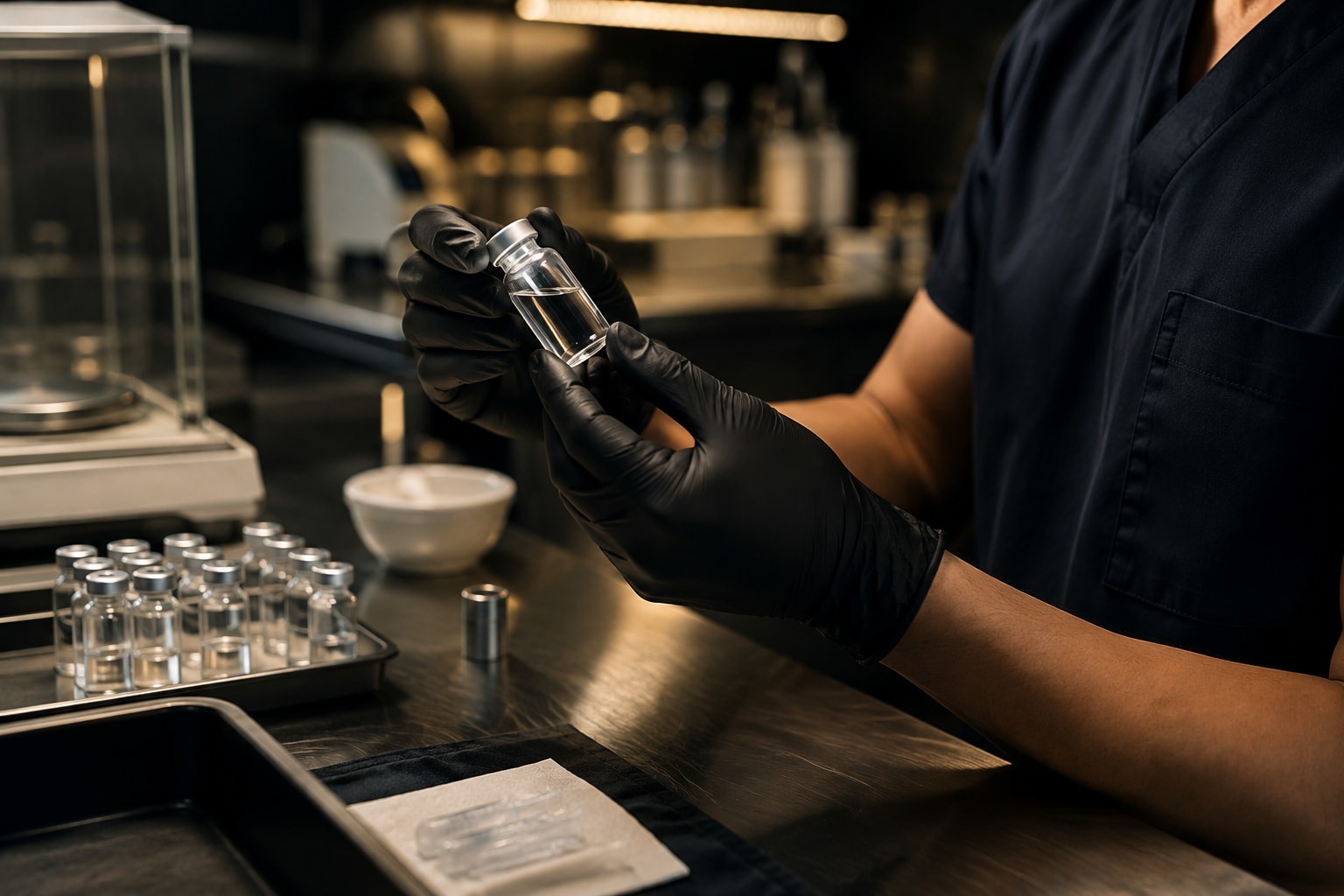 Gloved hands preparing an injection over a tray of vials