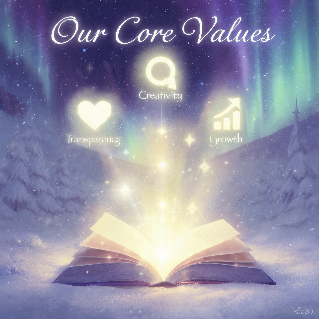 An imaginary image of an open book with some icons coming out of it under the title “our core values.”