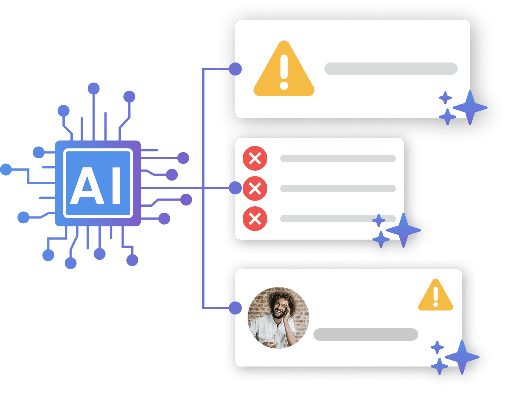 The image illustrates AI technology analyzing and organizing data, showing warning symbols and cross marks in speech bubble-style boxes, with a stylized circuit board pattern and a user profile icon.