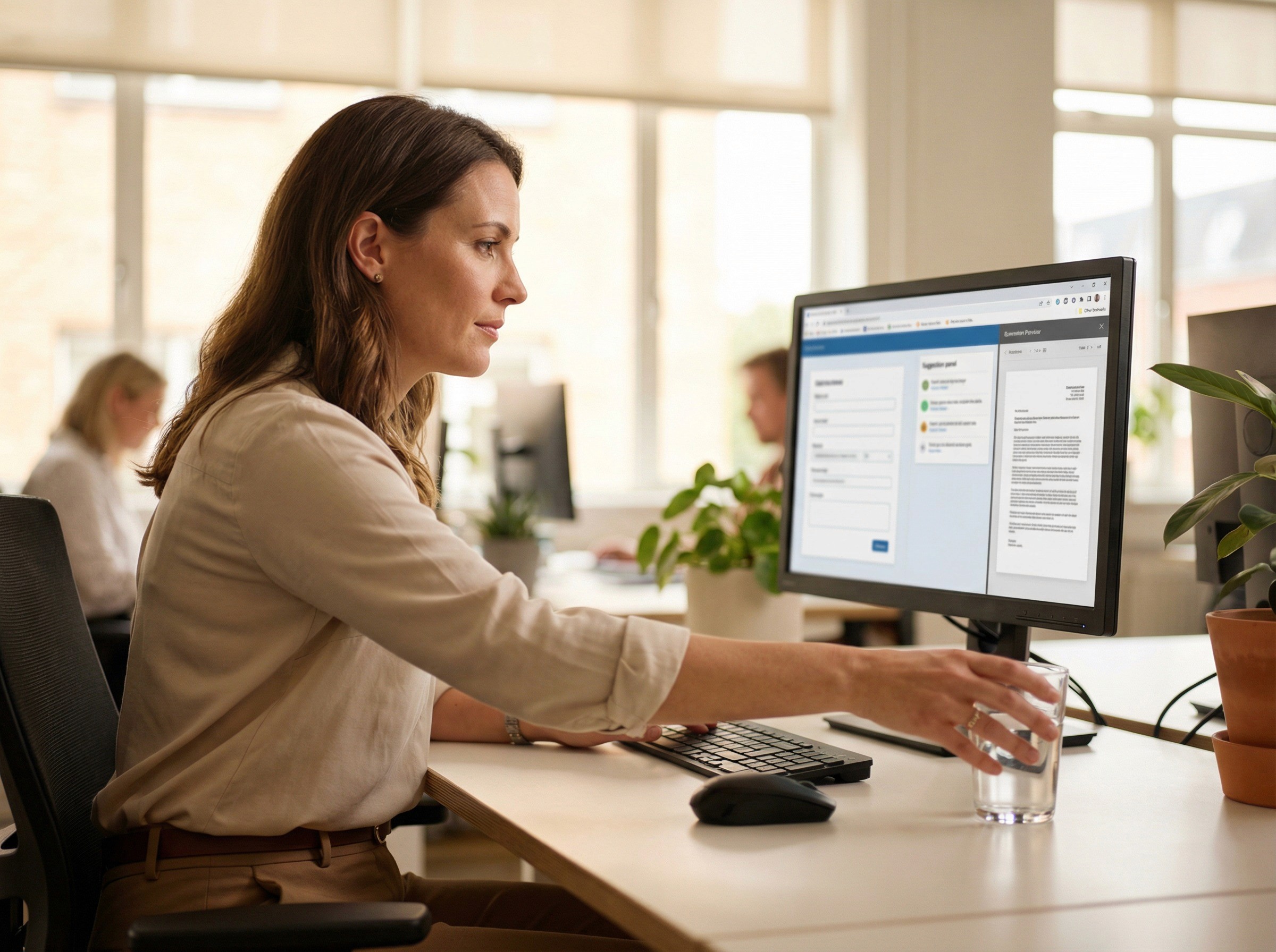 A HR coordinator in her mid-30s working at her desk in an open-plan office, mid-flow through a normal task. She is looking at a single monitor showing an interface where a form, a suggestion panel, and a document preview coexist in one view — three panes of a single workflow, visible in structure but not legible. Her posture is fluid and engaged — one hand on the mouse, the other reaching for a water glass — the body language of someone moving smoothly through a process without switching tools, without opening a separate application, without breaking stride. 
