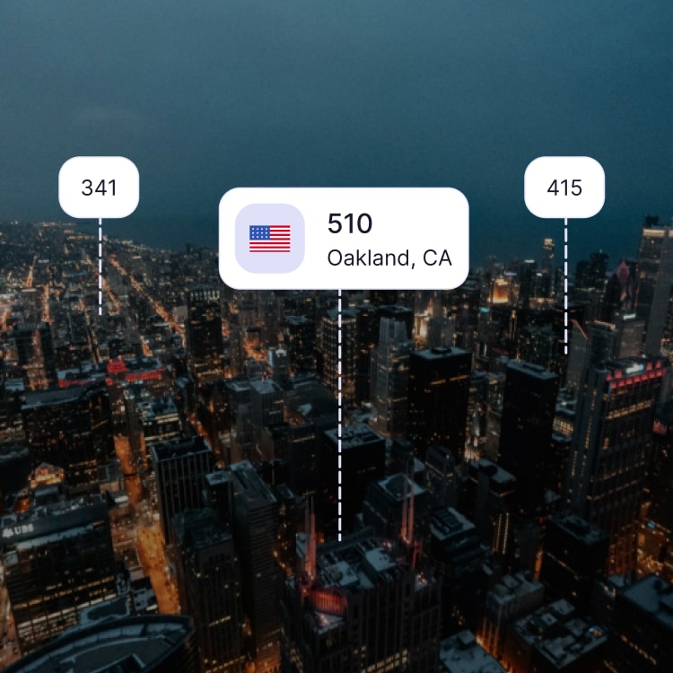 City skyline of Oakland showing the 510 area code and surrounding area codes