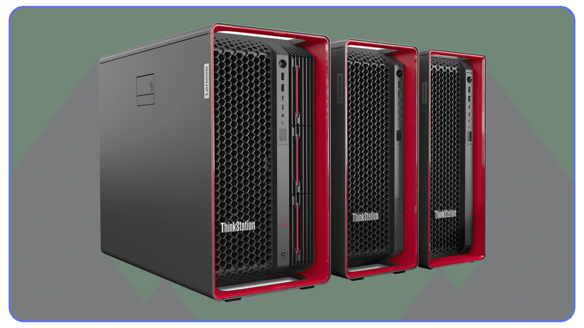 Three Lenovo ThinkStation desktop workstations with red accents standing side by side.