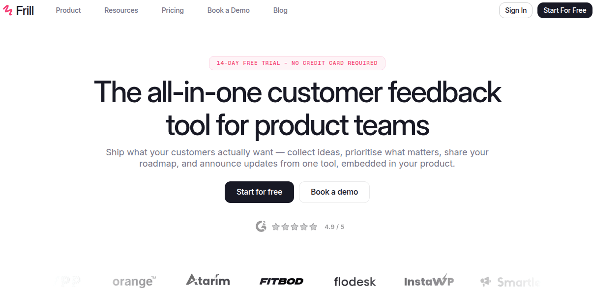 Frill homepage with headline 'The all-in-one customer feedback tool for product teams,' offering a 14-day free trial and a 4.9/5 G2 rating."