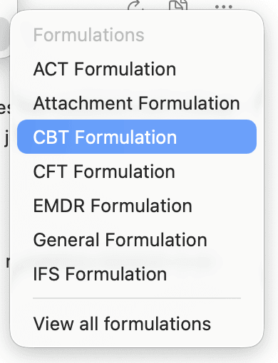 CBT Formulation highlighted in the Formulations menu.