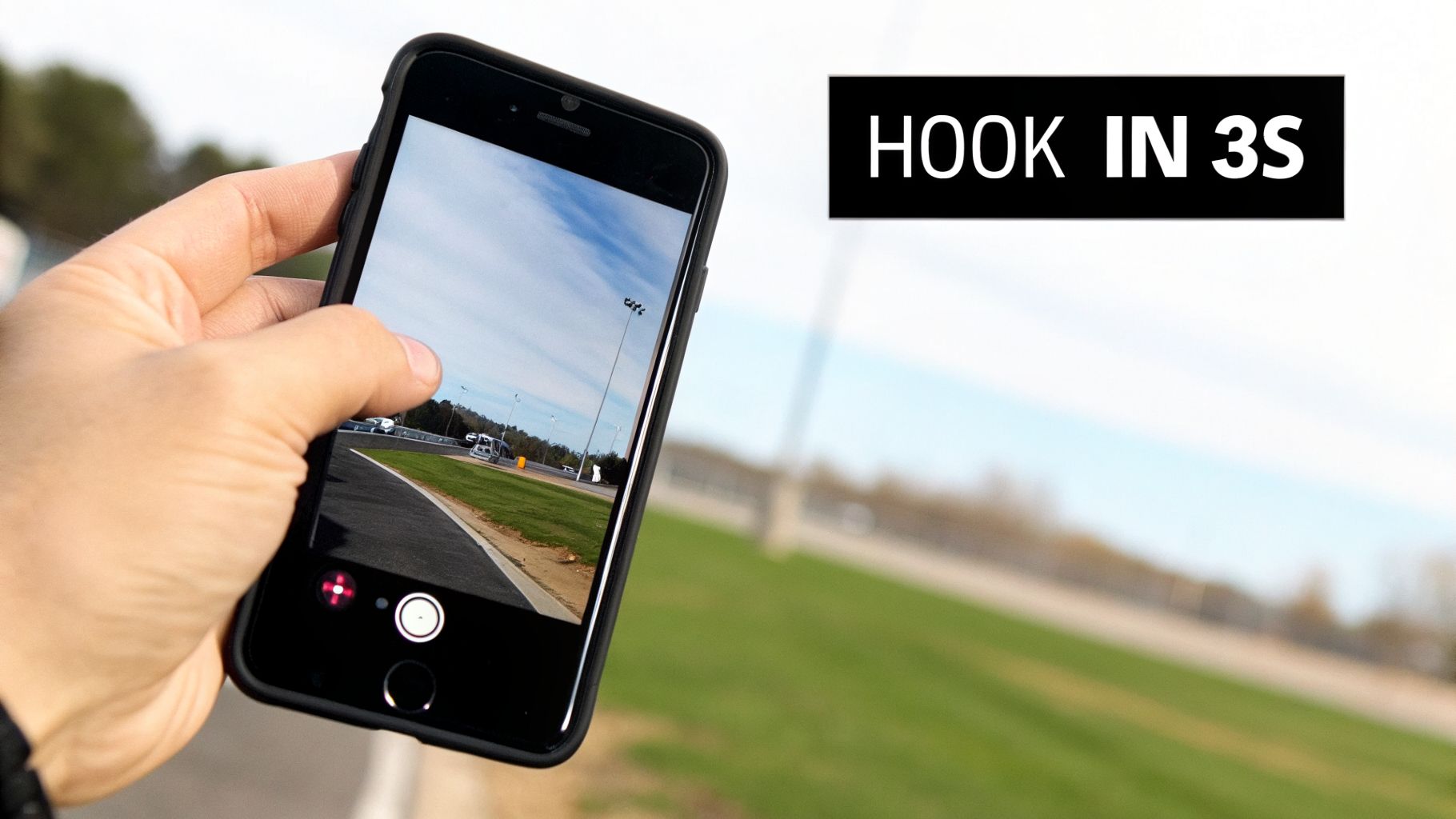 A person holds a smartphone, recording a road and grassy area under a blue sky, with 'HOOK IN 3S' text.