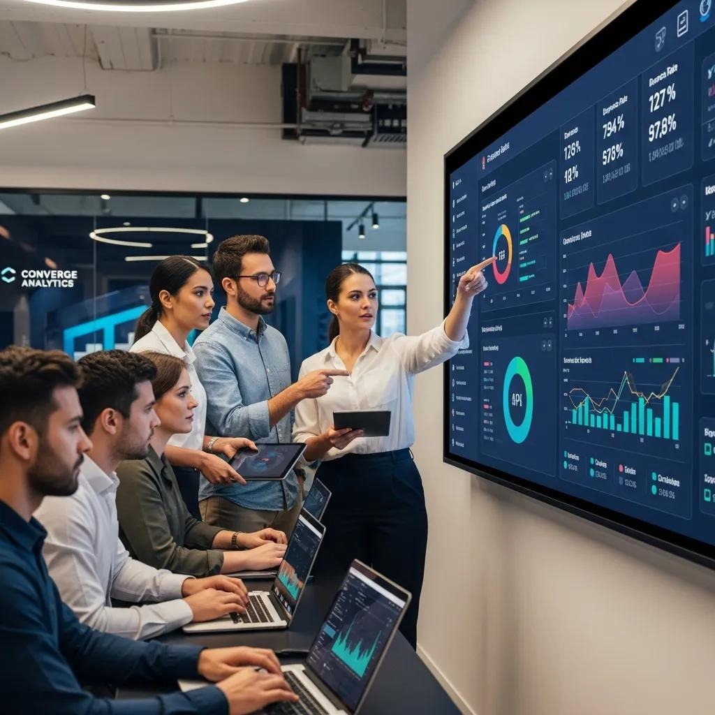 Marketing team analyzing conversion rate data on a screen, focusing on optimization techniques for landing pages