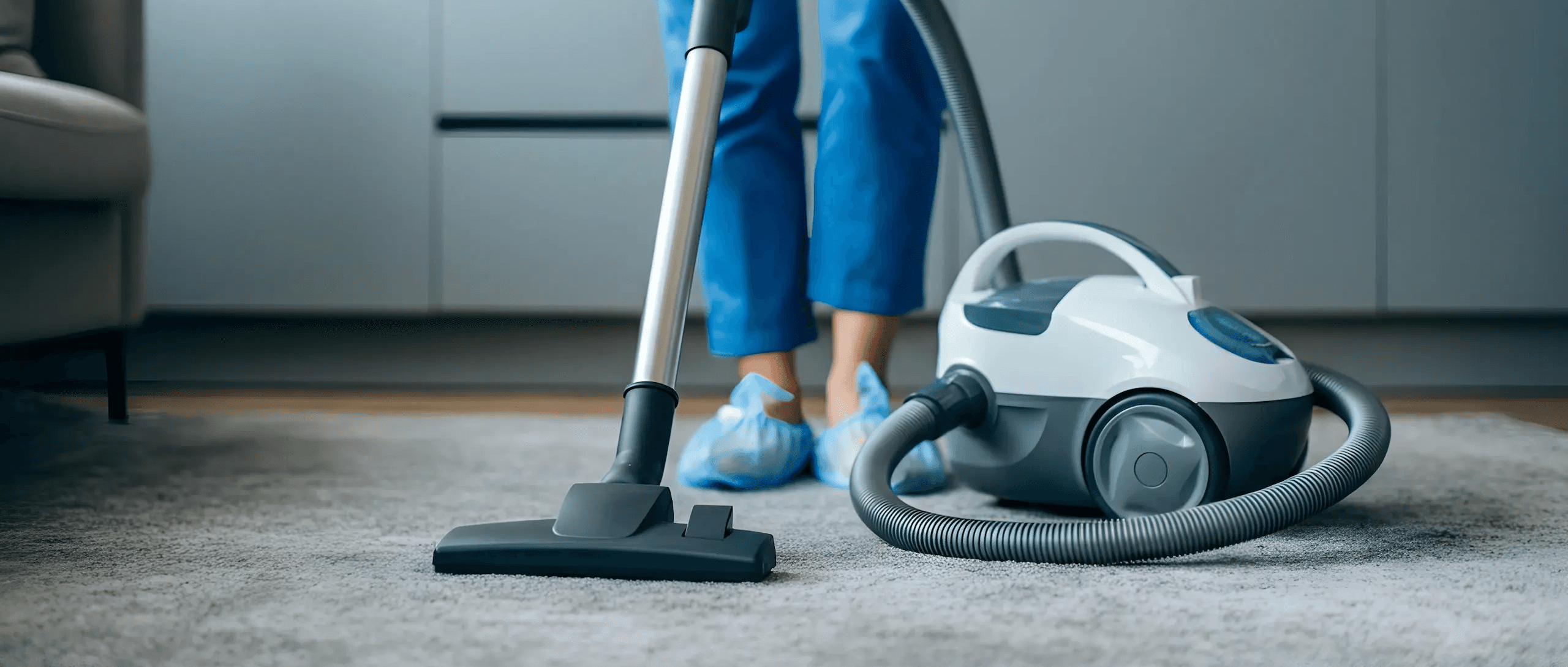 A vacuum cleaner cleaning a rug in a contemporary office space