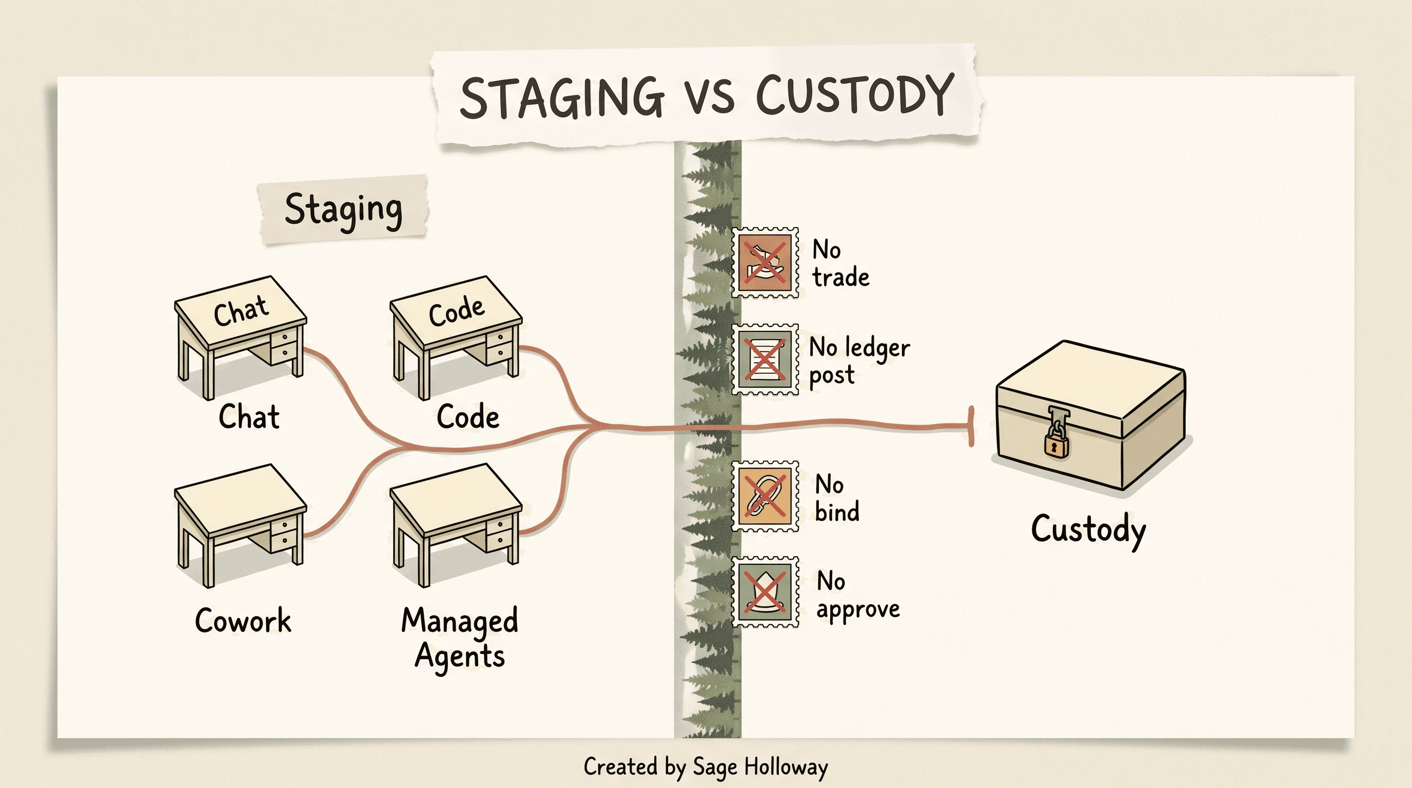 Diagram of Chat, Code, Cowork, and Managed Agents desks stopped before a locked custody chest, titled STAGING VS CUSTODY