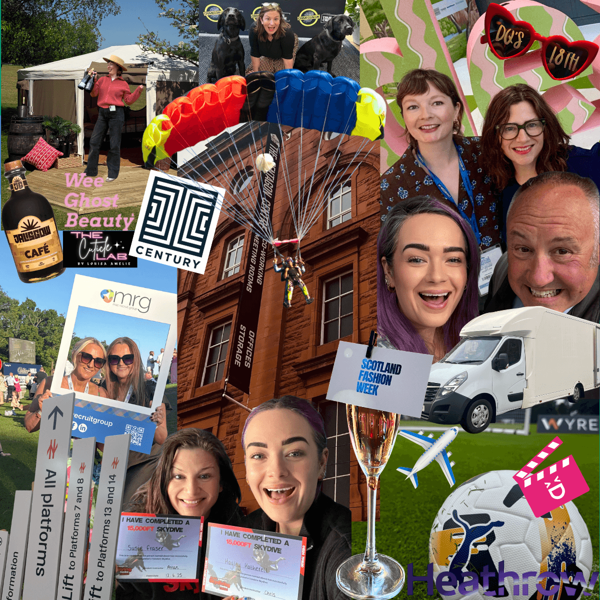 A collage of photographs taken over the course of 2025 of dot + del projects and people.