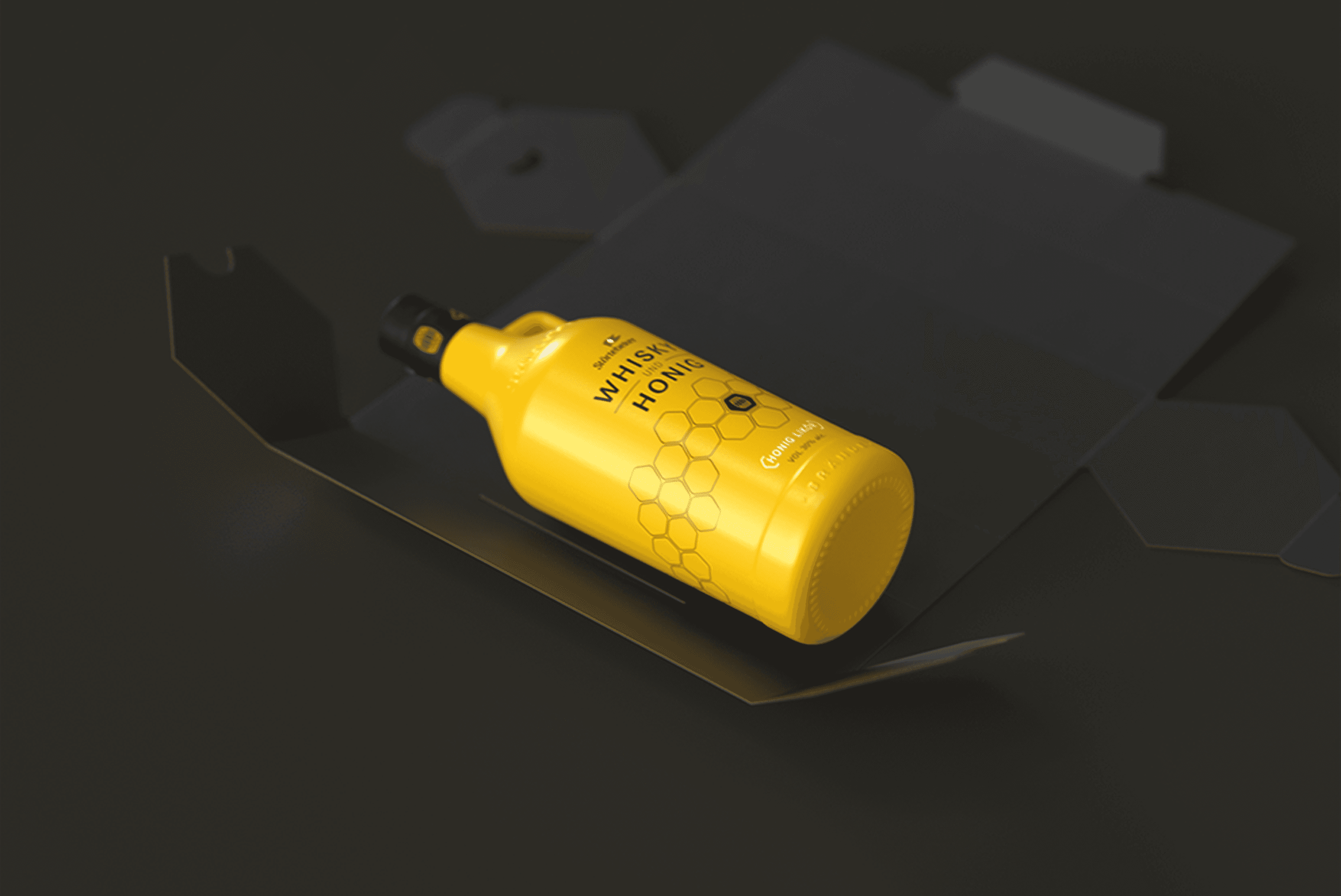 Yellow bottle of honey whiskey in packaging