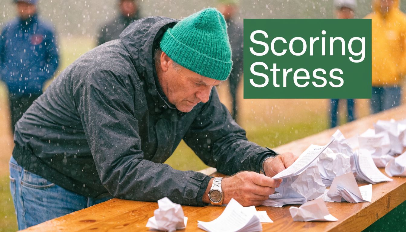 A man in a green beanie and rain jacket intensely examines golf scorecards under rainy conditions.