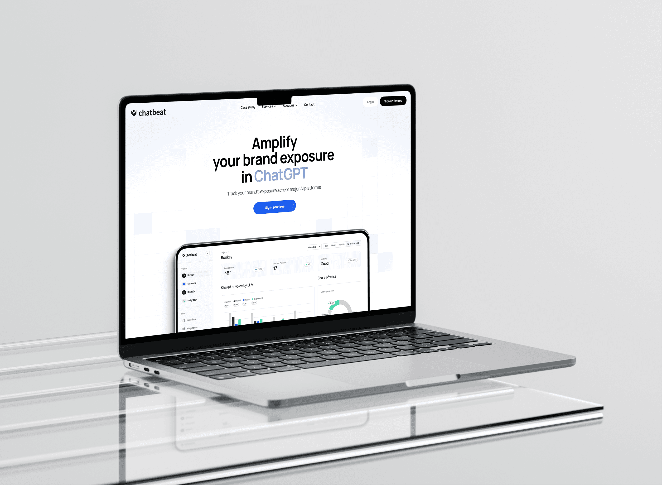 Laptop mockup with Chatbeat website homepage headline ‘Amplify your brand exposure in ChatGPT’ and analytics preview.