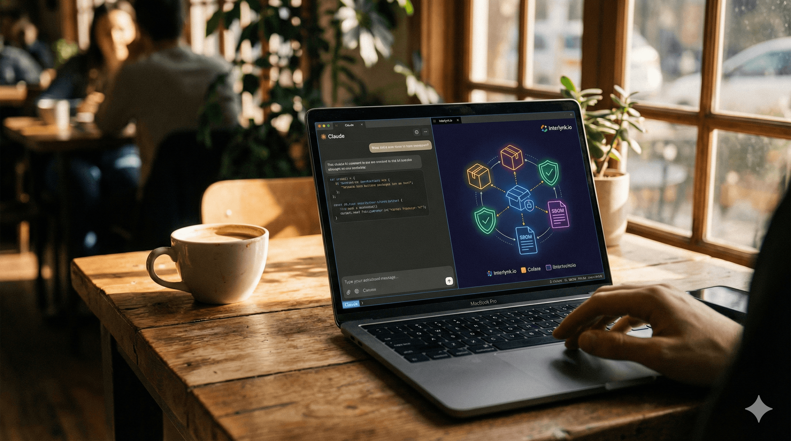 A hero illustration showing a developer at their terminal with Claude/AI assistant interface on one side and a visual representation of software supply chain (interconnected packages, security shields, SBOM documents) on the other