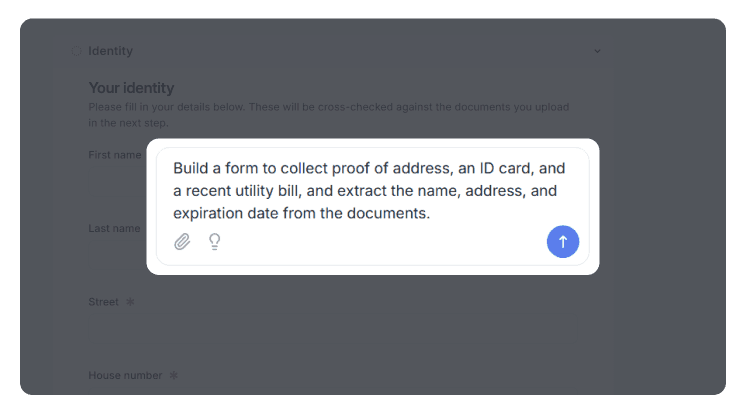Build a form to collect proof of address, an ID card, and a recent utility bill, and extract the name, address, and expiration date from the documents.