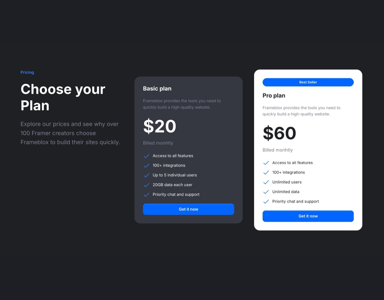 Framer Dark Pricing Section - Frameblox UI