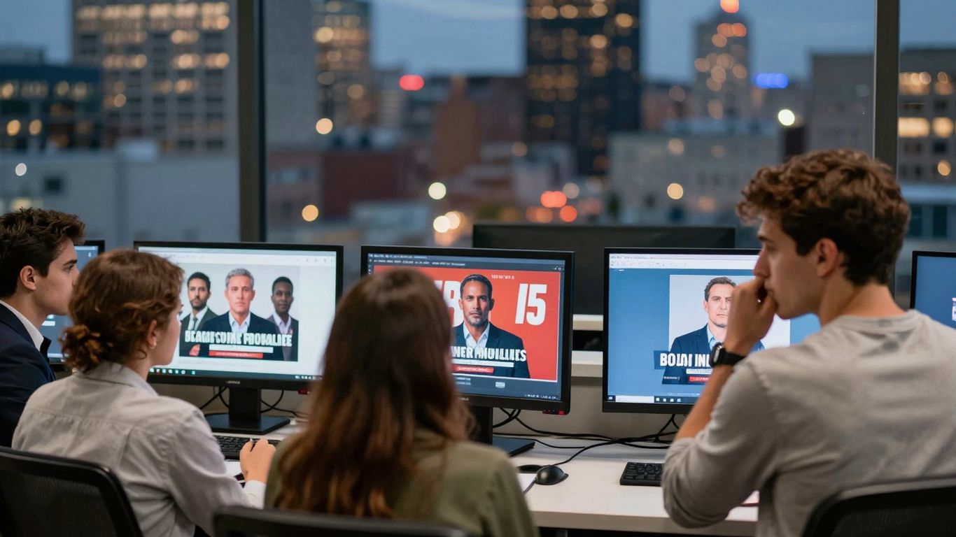 Political ads on screens, people reacting.