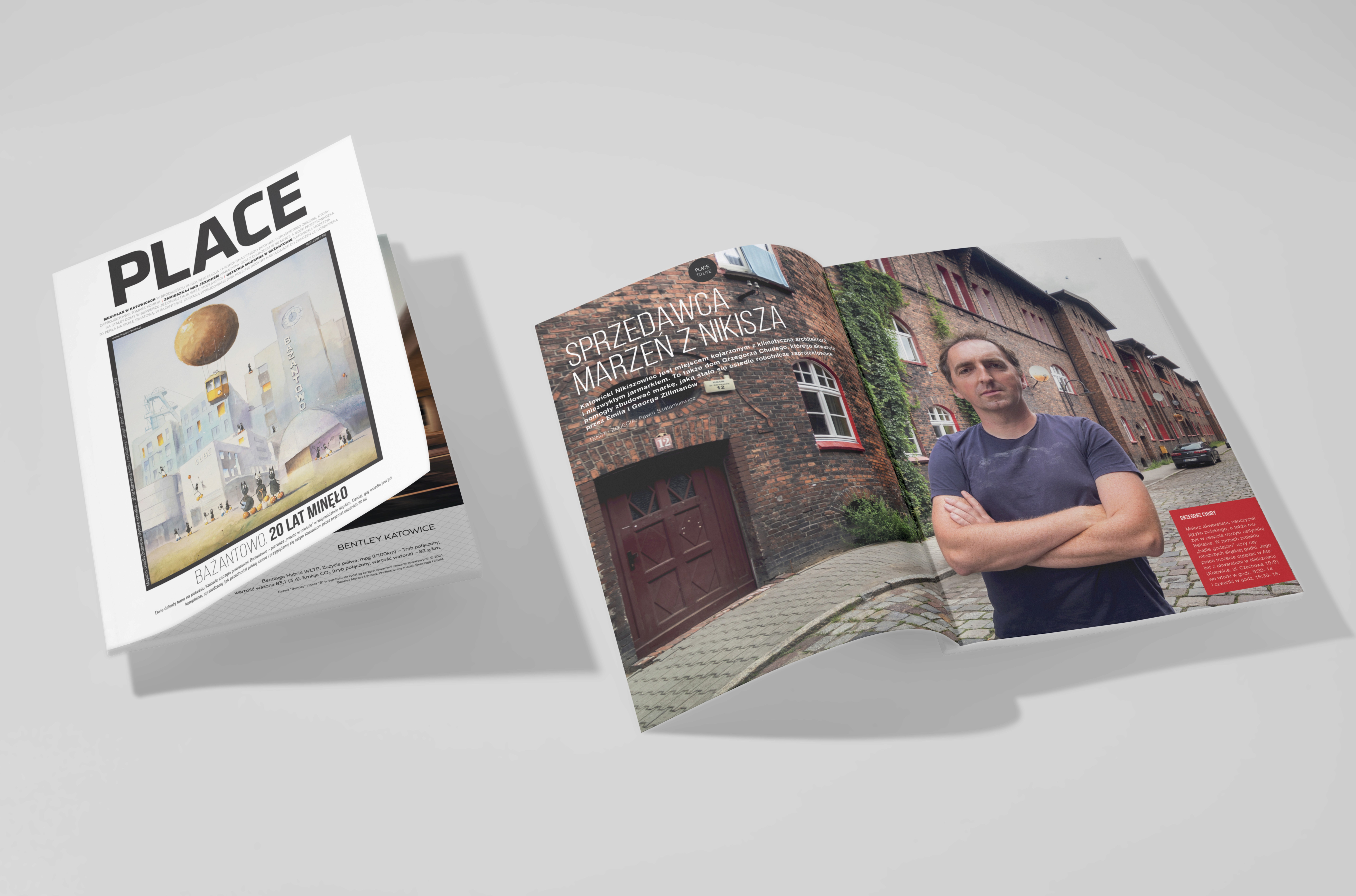 Magazyn PLACE w otwarciu. Na zdjęciu: okładka z ilustracją, widok budynku i mężczyzna z założonymi rękami.