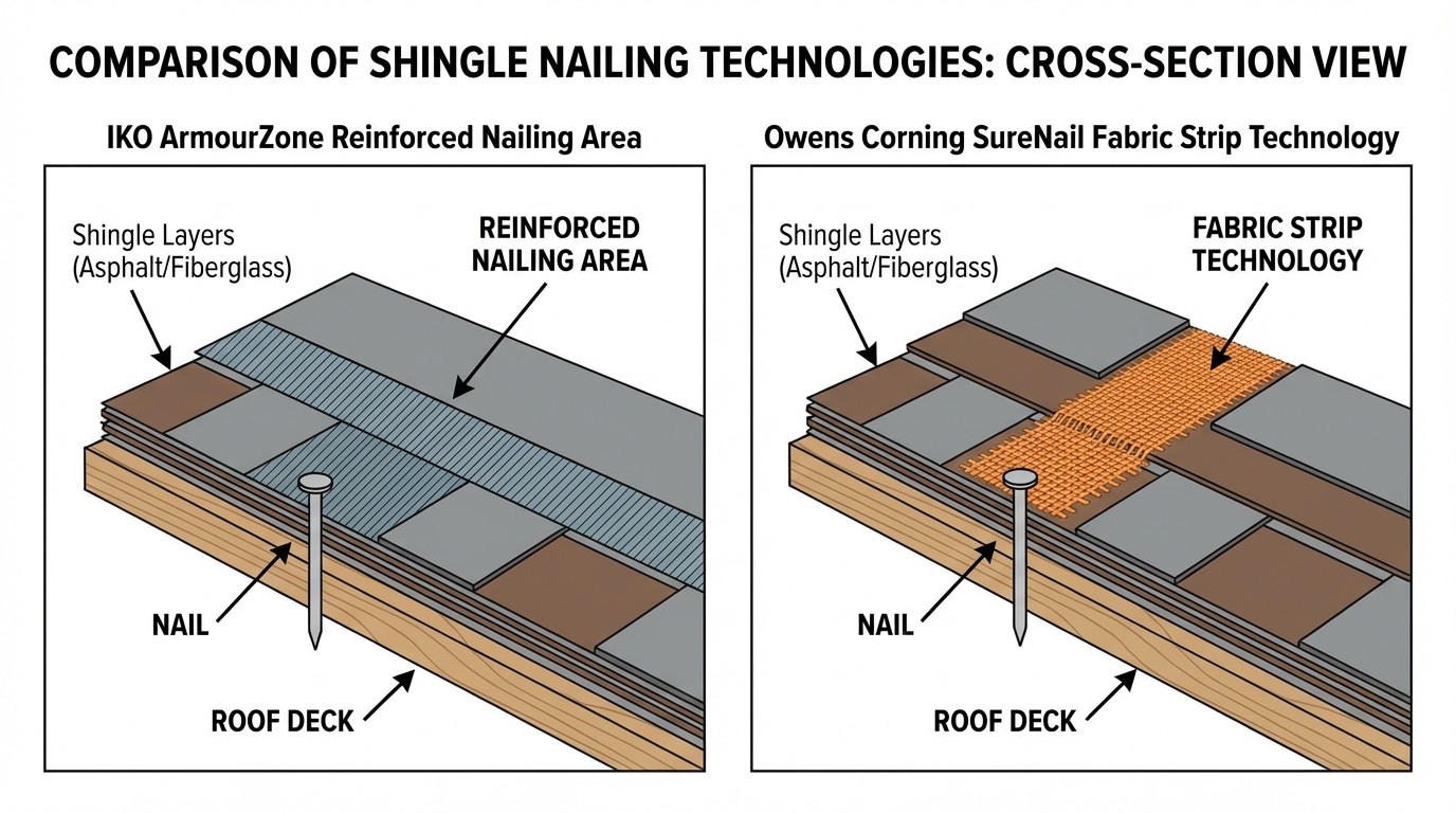 IKO ArmourZone vs Owens Corning SureNail nailing technology diagram