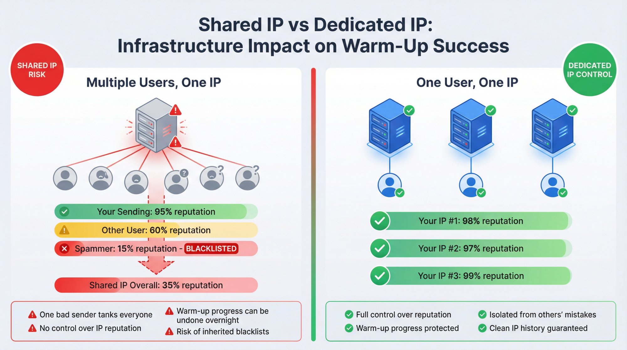 Split diagram comparing shared IP reputation damage versus dedicated IP control for email warm-up