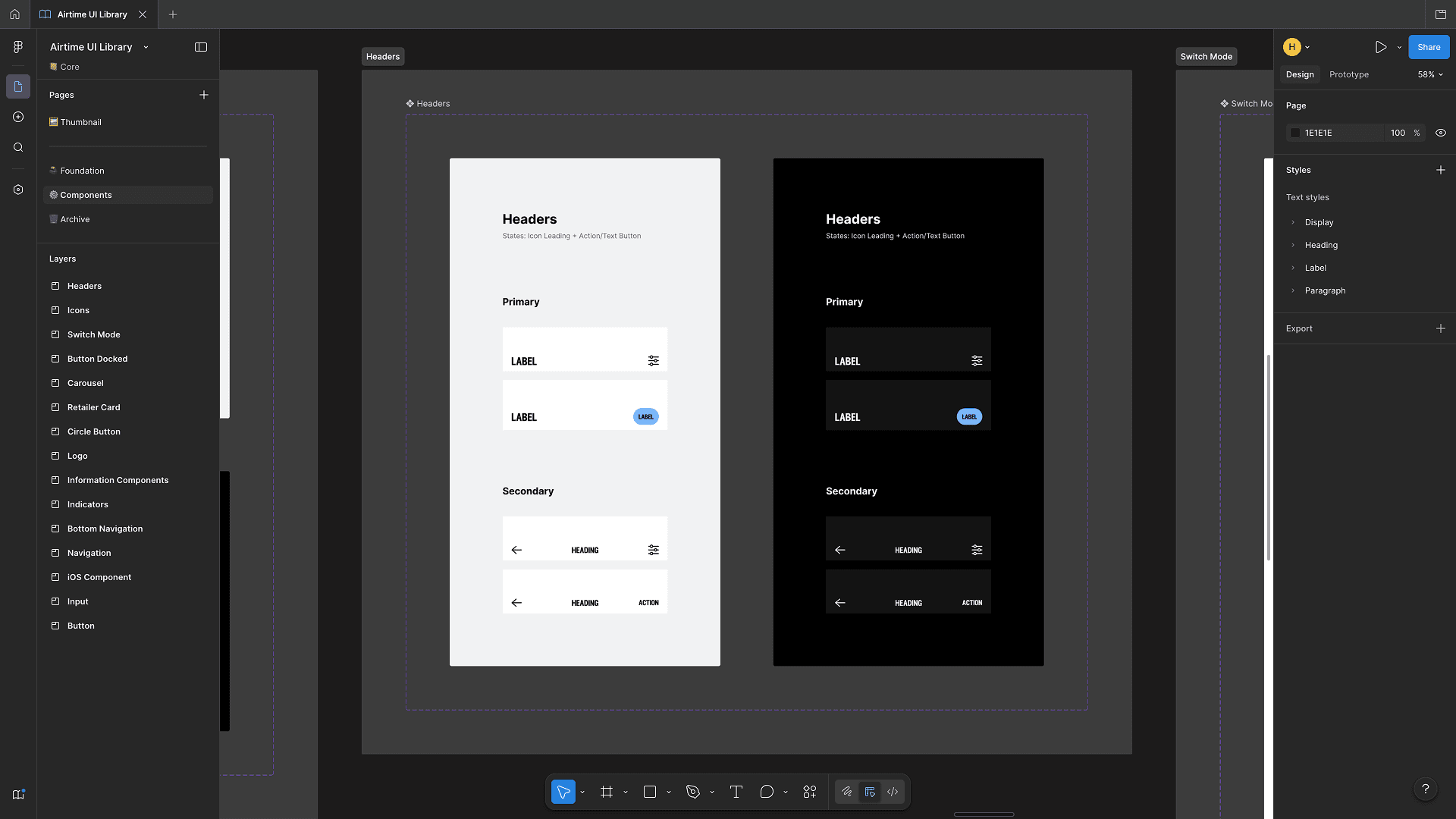 Figma file showing header components in light and dark mode for a UI library.