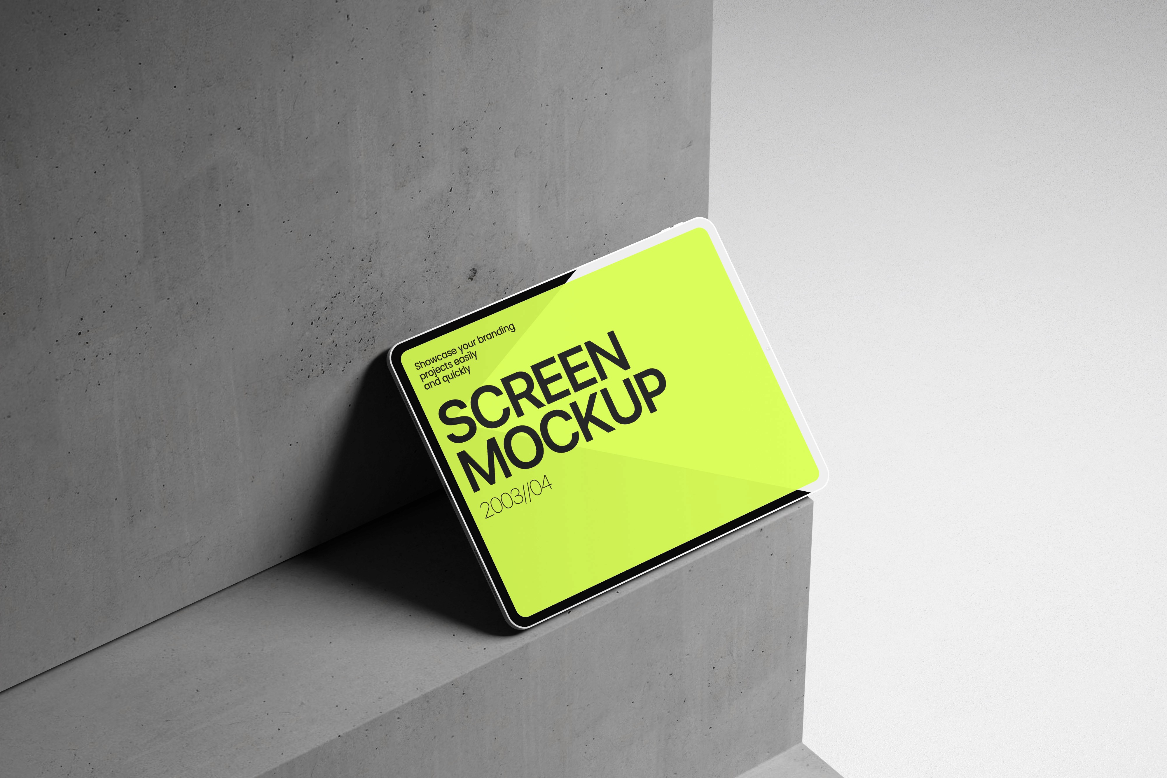 A modern digital screen or business card mockup in bright neon green with black "SCREEN MOCKUP" text, leaning diagonally against a minimalist grey concrete corner with dramatic architectural lighting and shadows.