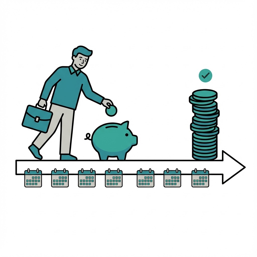 Mann wirft Münze in Sparschwein. Ein Zeitstrahl mit Kalendern und einem großen Geldstapel am Ende symbolisiert langfristigen Sparerfolg.