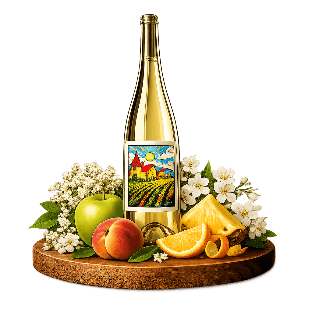 Artistic label and flavor profile for Danish Hybrid Aromatic White on a rustic wooden table.