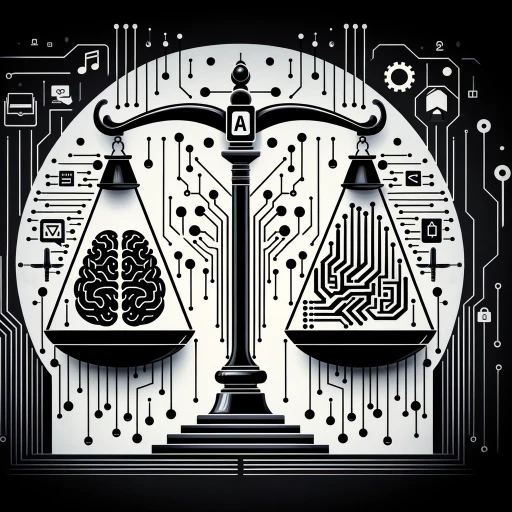 The created image represents the transformative impact of AI on the legal industry, showcasing a minimalist schematic with a strict use of black and white colors. It illustrates the transition from traditional legal practices, symbolized by a scale of justice, to AI-enhanced legal solutions, depicted through digital patterns or icons. This design conveys a sense of precision and modernity, highlighting the innovative role of AI in reshaping legal services.