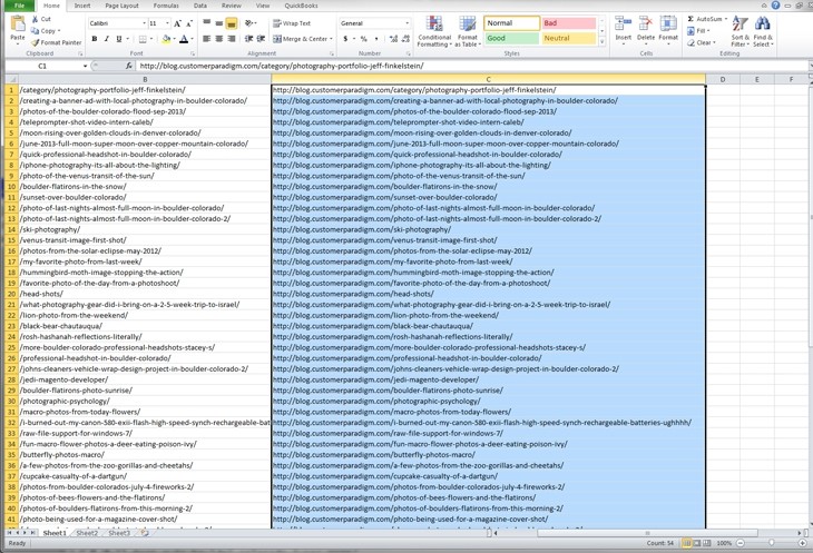 Example of destination links for 301 redirect from sitemap with Excel