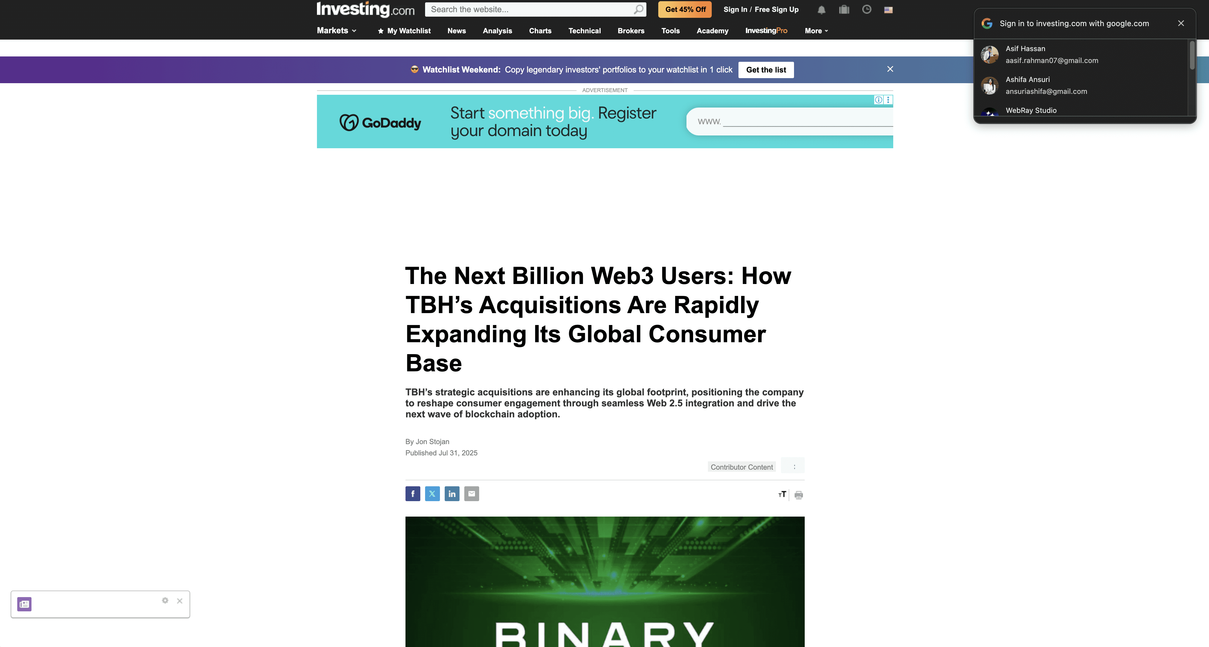 Investing.com article about The Binary Holdings
