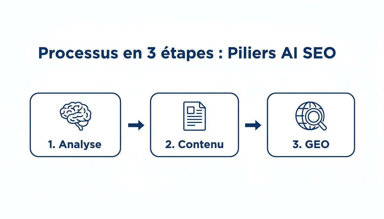 Diagramme du processus SEO en 3 étapes: Analyse (cerveau), Contenu (document) et Géolocalisation (globe).