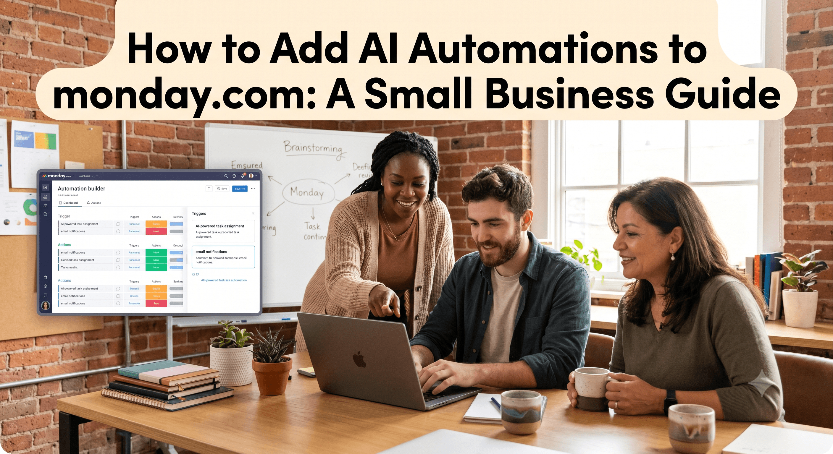 small business owner setting up AI automation in monday.com on a laptop