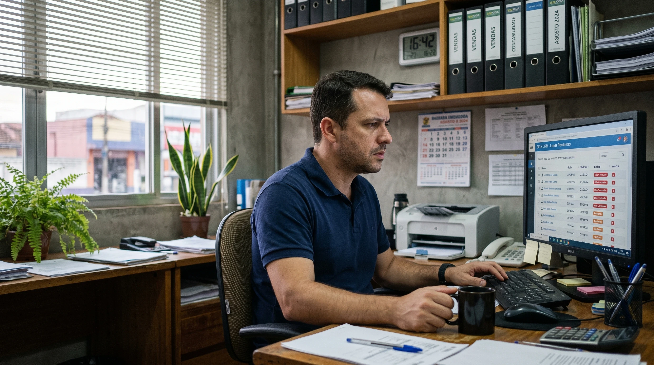 Empresário em escritório de pequena empresa em Uberlândia analisando CRM com lista de leads pendentes sem contato, retratando o gargalo comercial quando leads chegam mas não fecham.