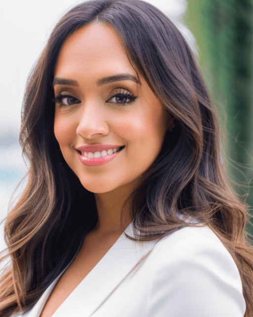 Woman in a stylish orange visor, yellow earrings, and a navy lace top against a blue backdrop. Her expression is poised, with bold red lipstick.