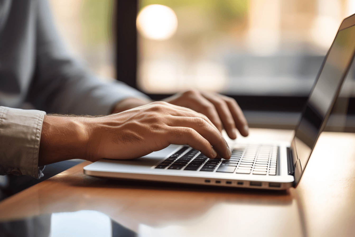 Close-up of a person's hands typing on a laptop keyboard, with a blurred background of a window and warm lighting, creating a focused and professional atmosphere.