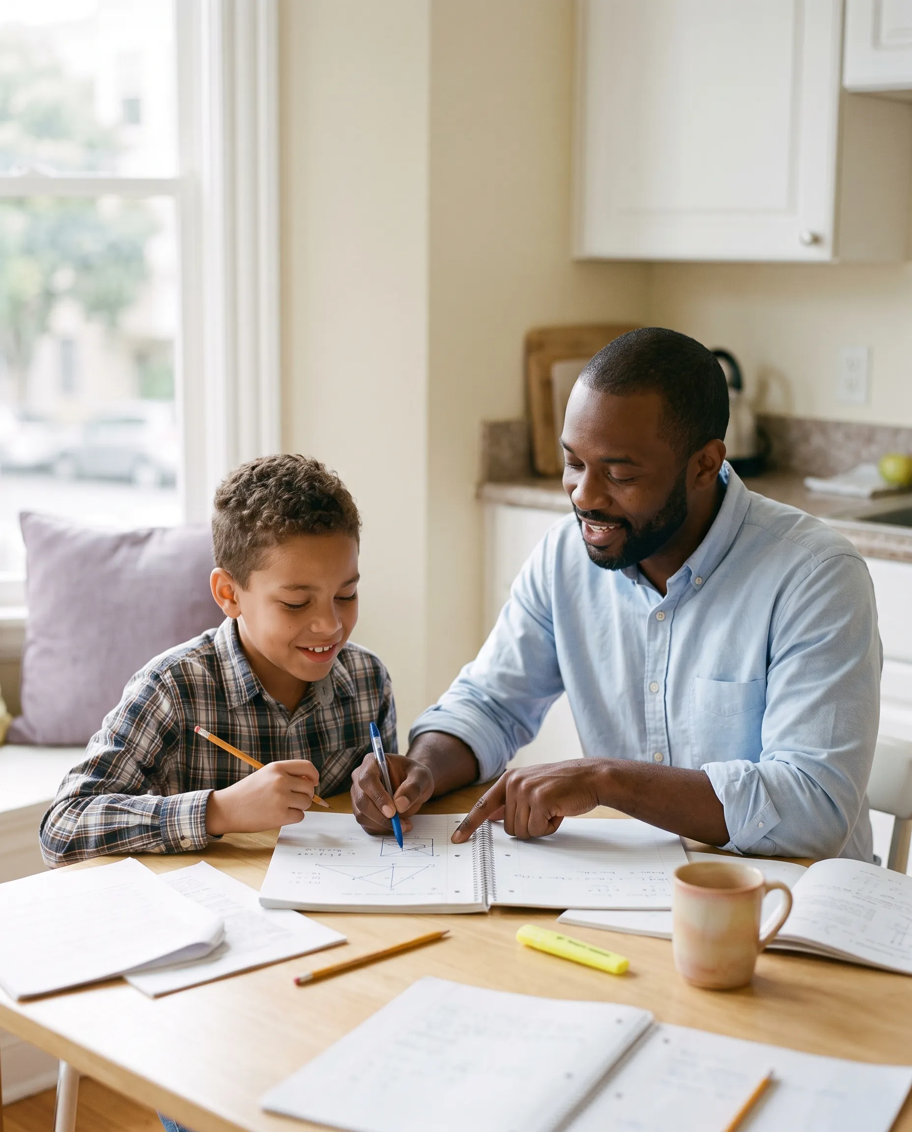 A tutor explaining a problem to a student at a kitchen table
