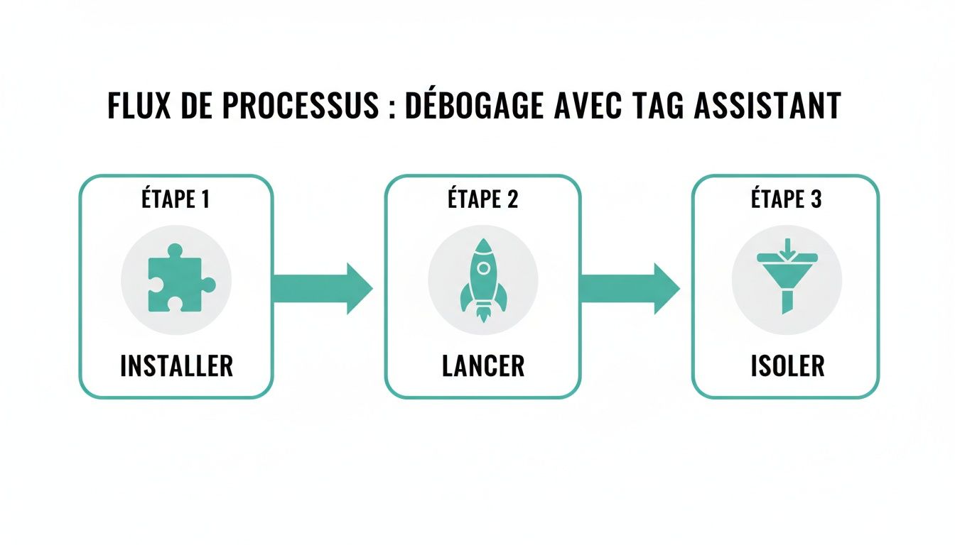 Flux de processus pour le débogage avec Tag Assistant: Installer, Lancer, Isoler, illustré par des icônes.