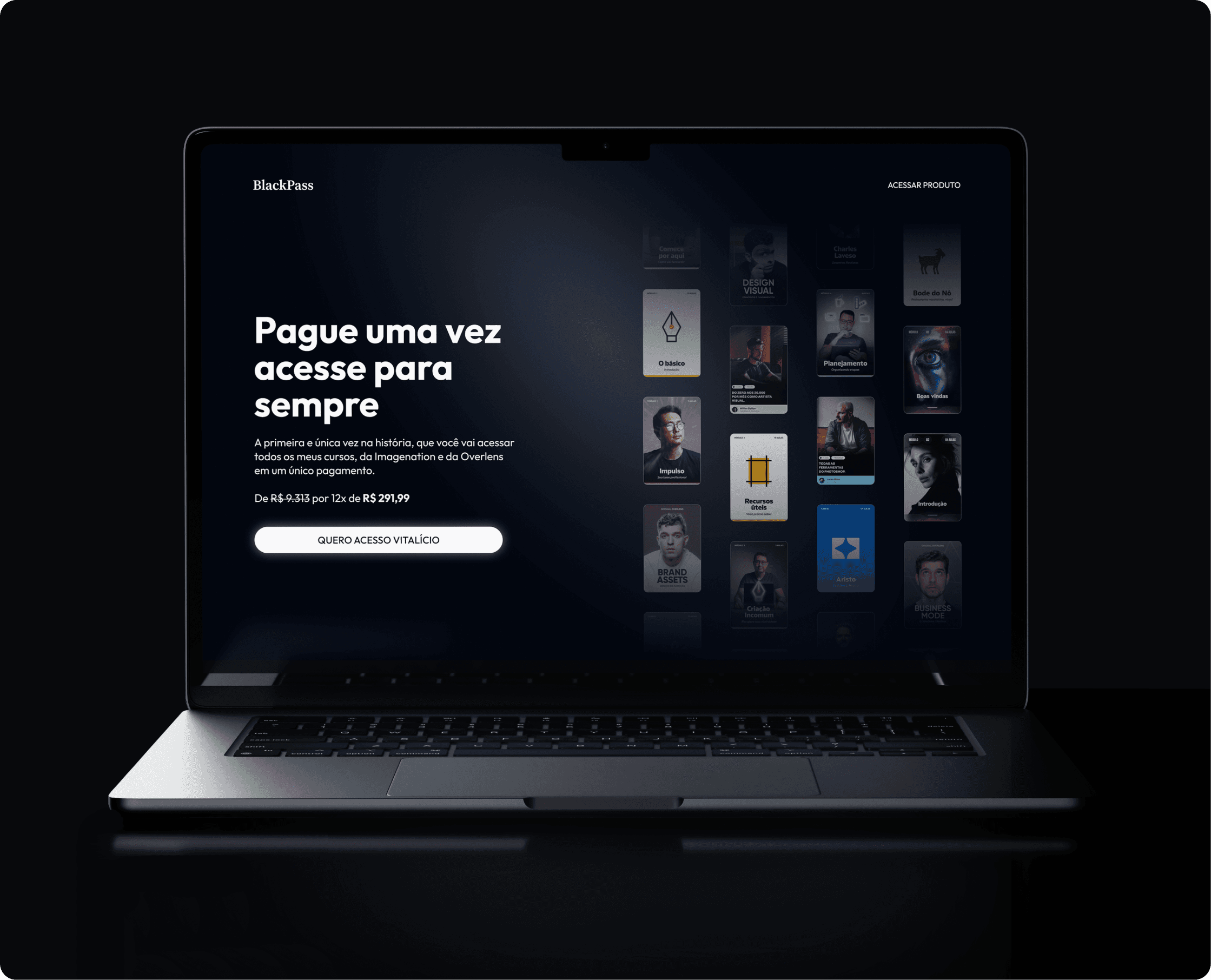 Tela de um laptop moderno exibindo uma Landing Page chamada BlackPass, um conjunto de cursos de design
