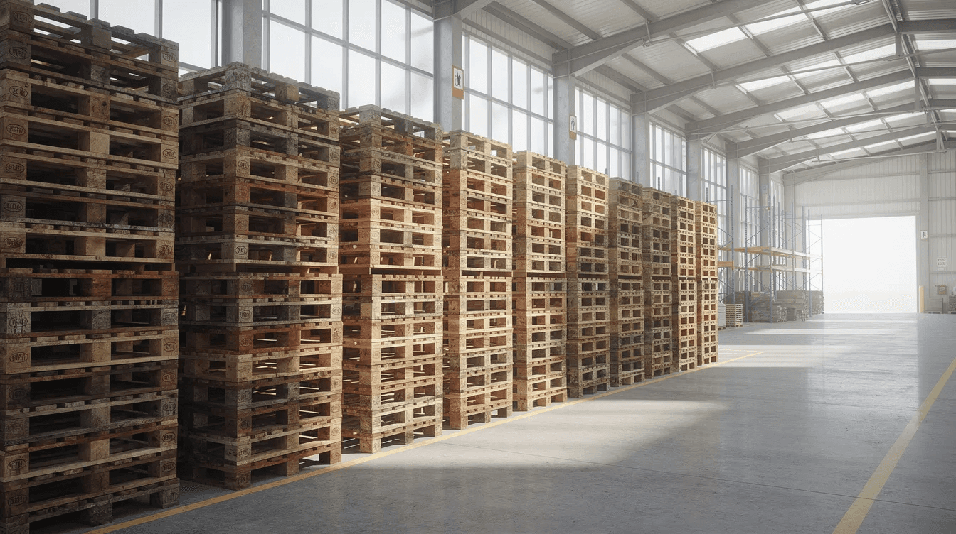 La imagen muestra un almacén bien organizado con pilas de palets de madera apilados, iluminados por luz natural que entra a través de las ventanas. Este entorno industrial refleja un proceso eficiente de gestión de inventario, importante para la estrategia de marketing de una empresa.