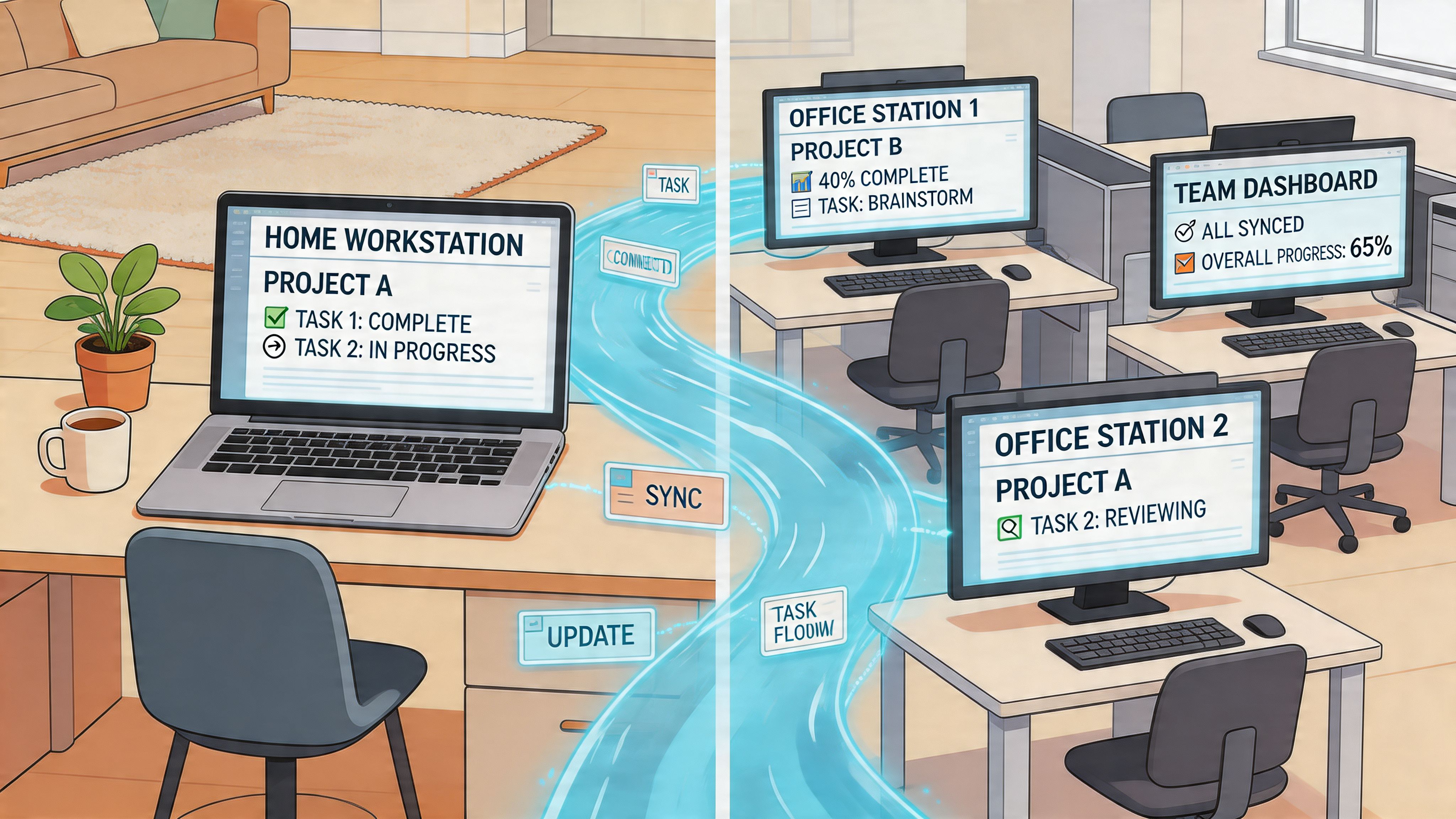 A split illustration showing remote work tasks syncing seamlessly with office team dashboards and workstations.