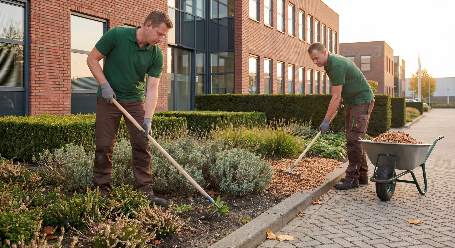 Twee tuinmannen harken en verspreiden houtsnippers bij kantoorgebouw.