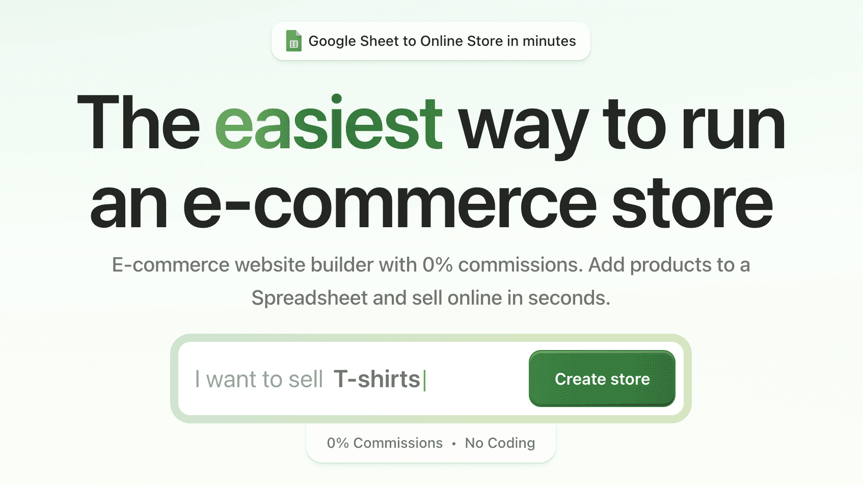 Store.link hero showing ‘Google Sheet to online store in minutes’ with a create store input.