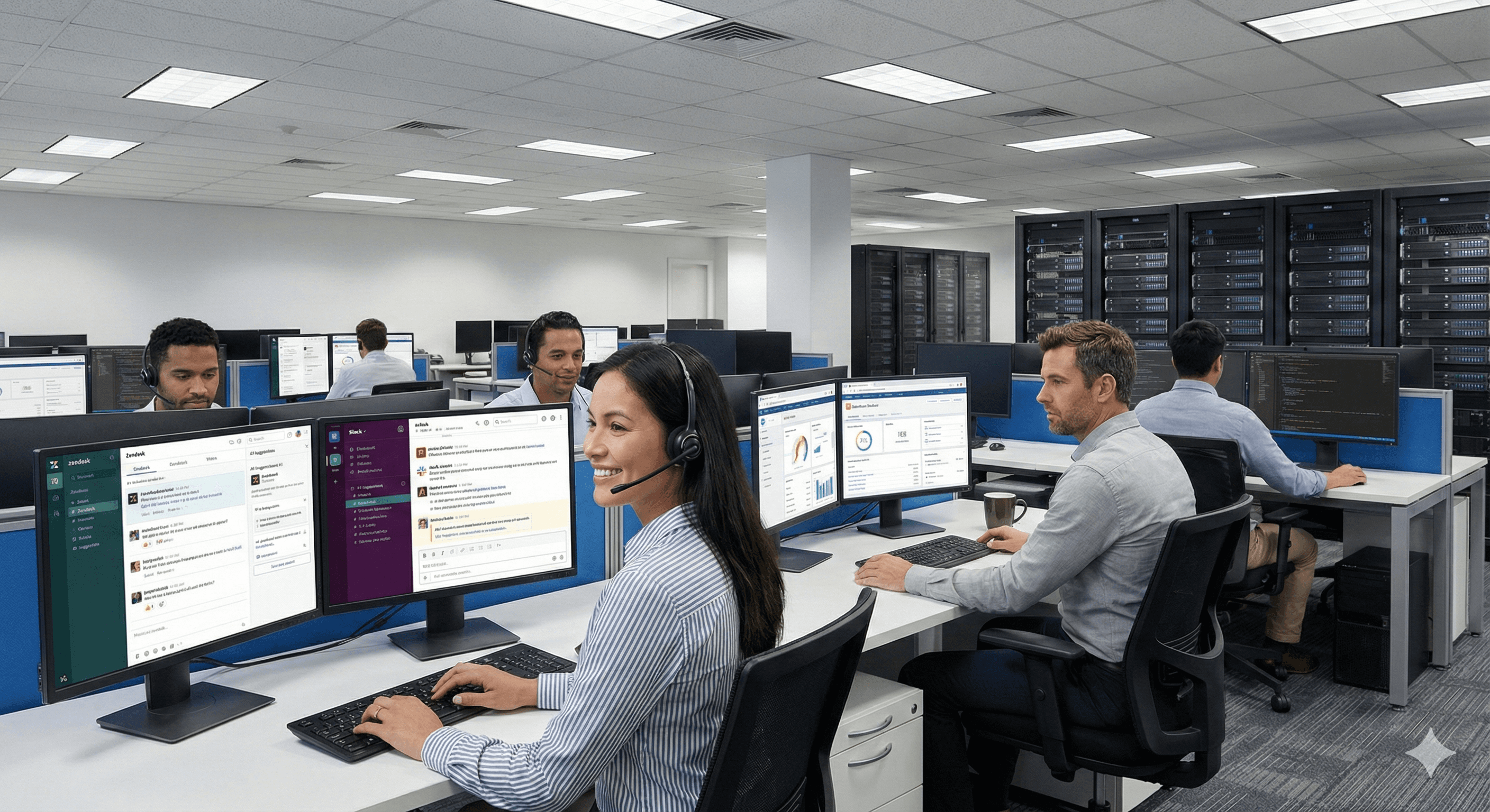 A modern office with professionals working at computer stations, focusing on resolving ticket backlogs using collaborative software and advanced search tools, amidst a backdrop of data servers, reflecting an efficient tech-driven environment.