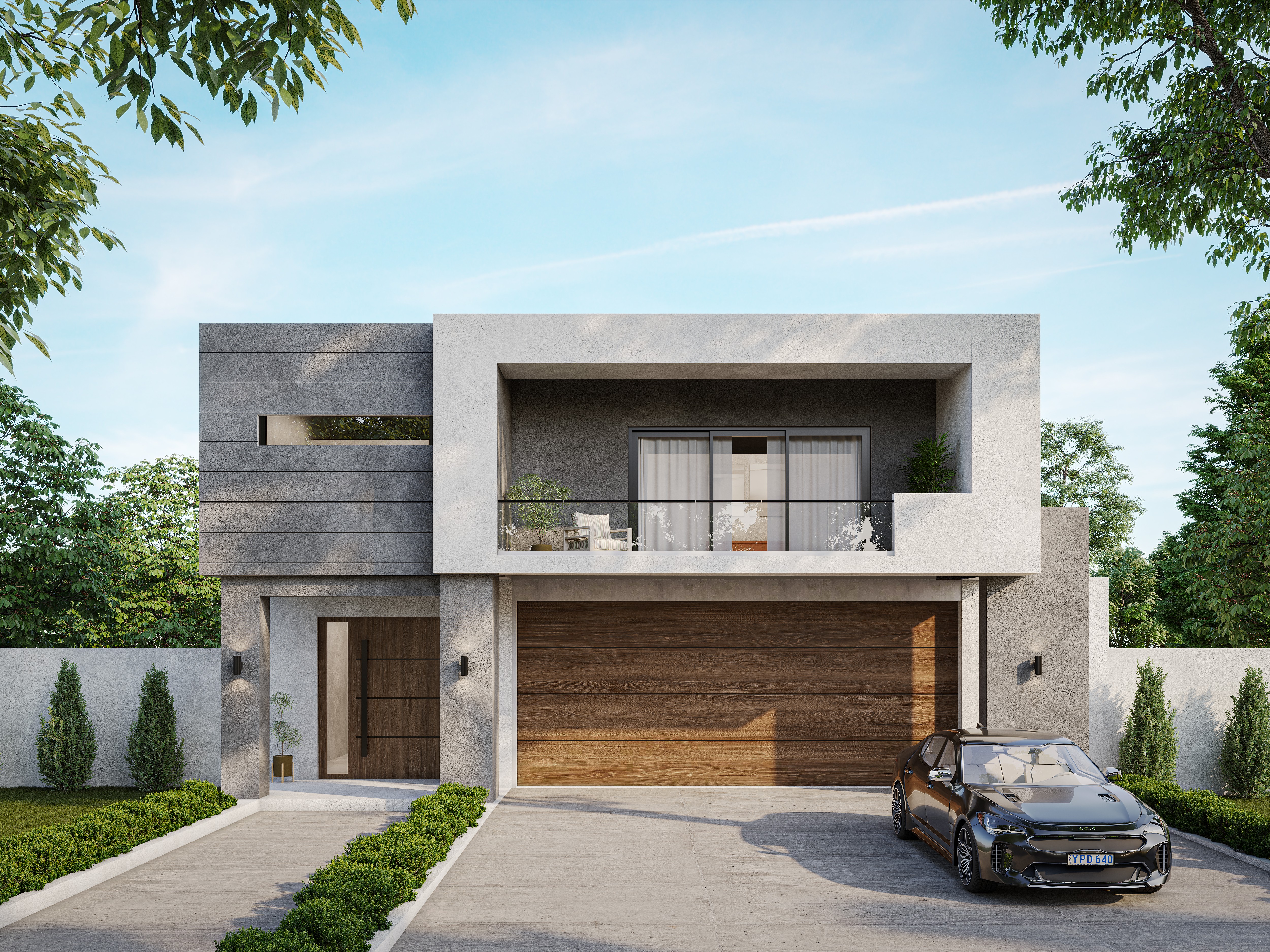 Refined dual-level home with boxy architecture, timber undercroft, and private balcony space.