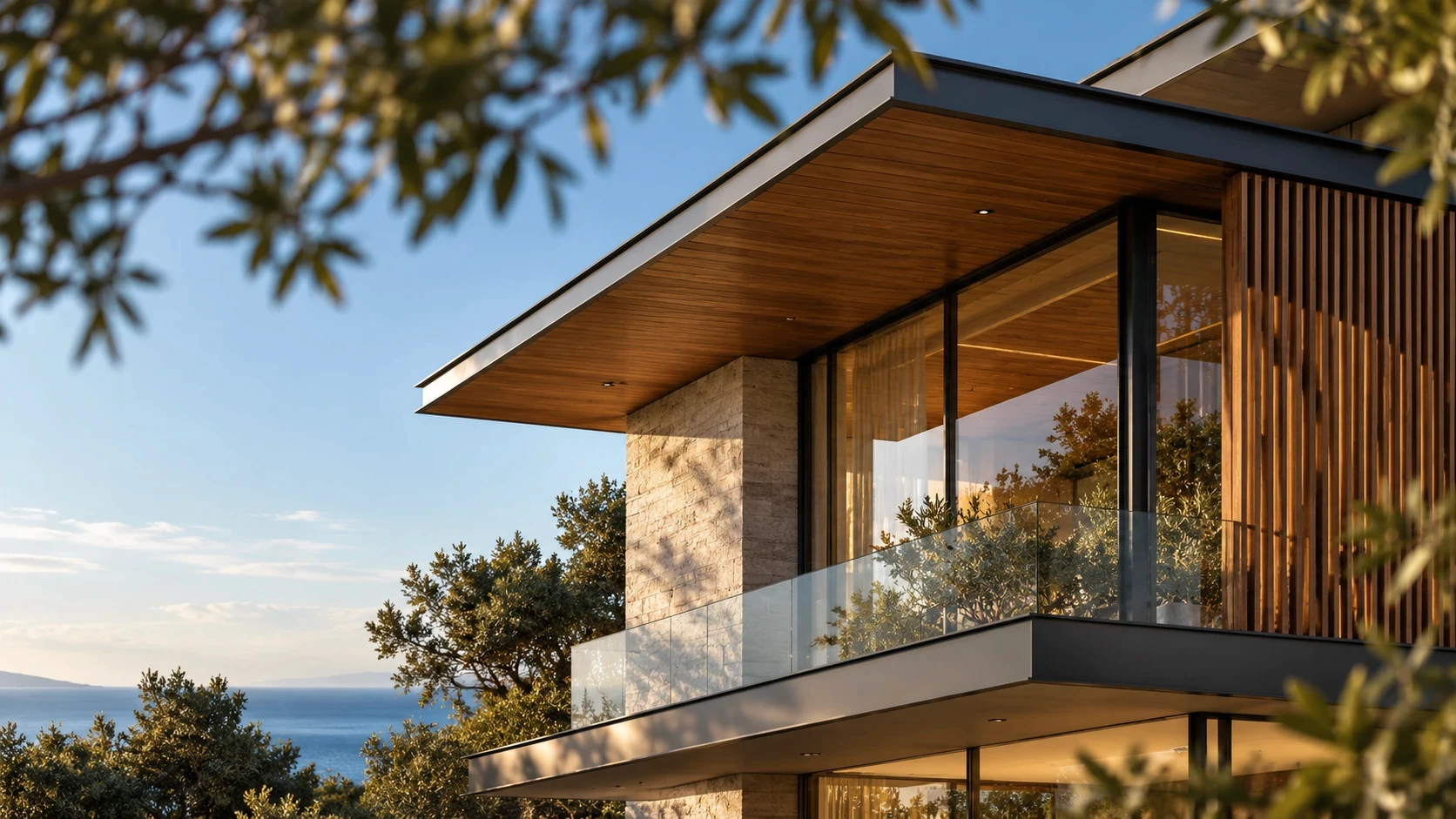 Modern villa with timber soffit and glass balcony overlooking the sea
